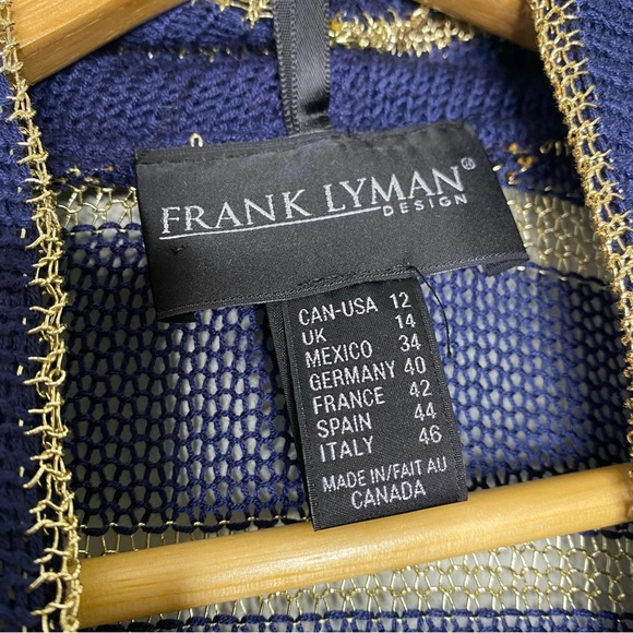 Frank Lyman Design Navy Blue Gold Striped Open Knit Cardigan Women's Size 12 - Picture 3 of 7